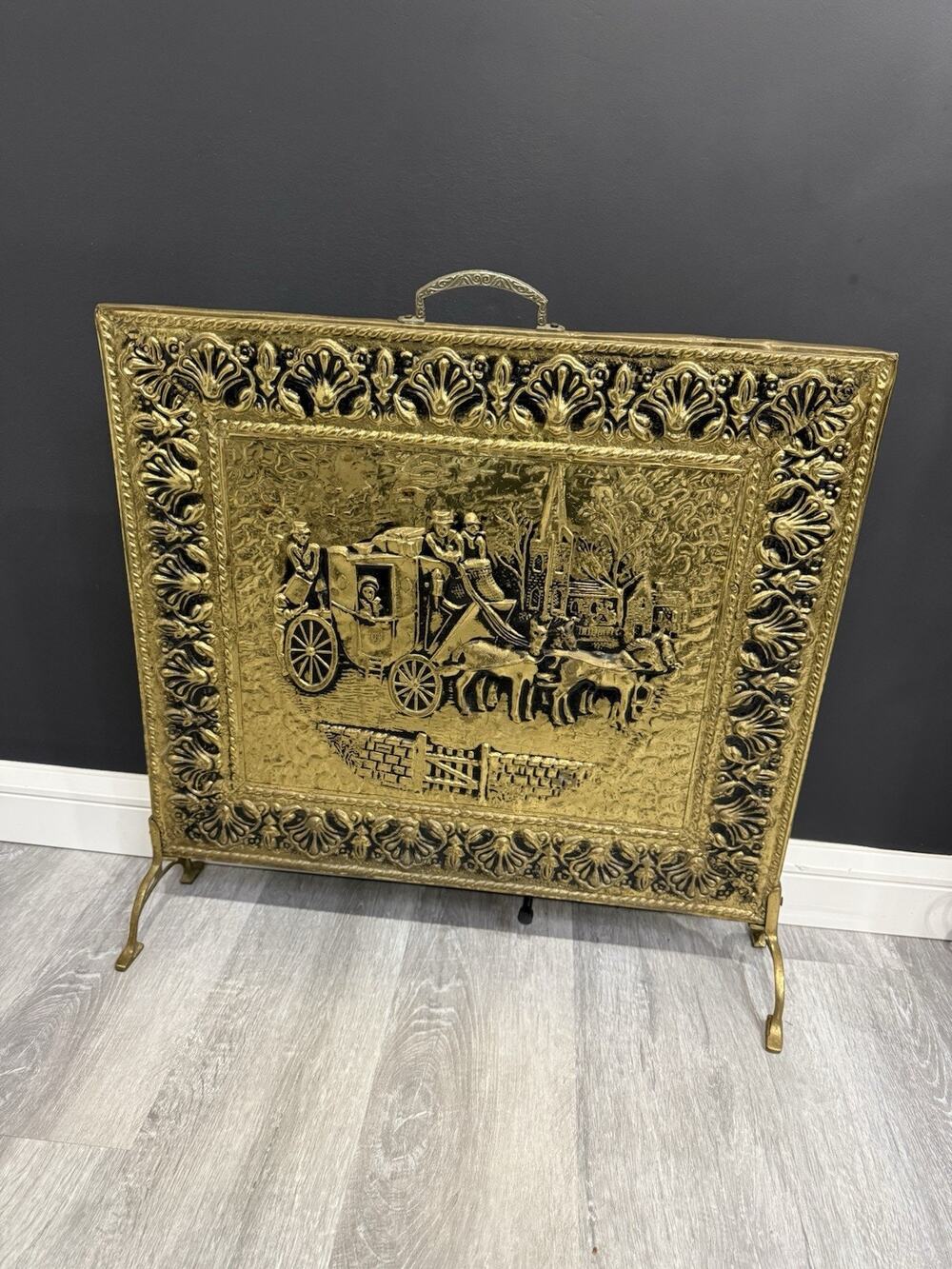 **Antique English Repousse Brass Fireplace Screen Horse Carriage Victorian 22” *